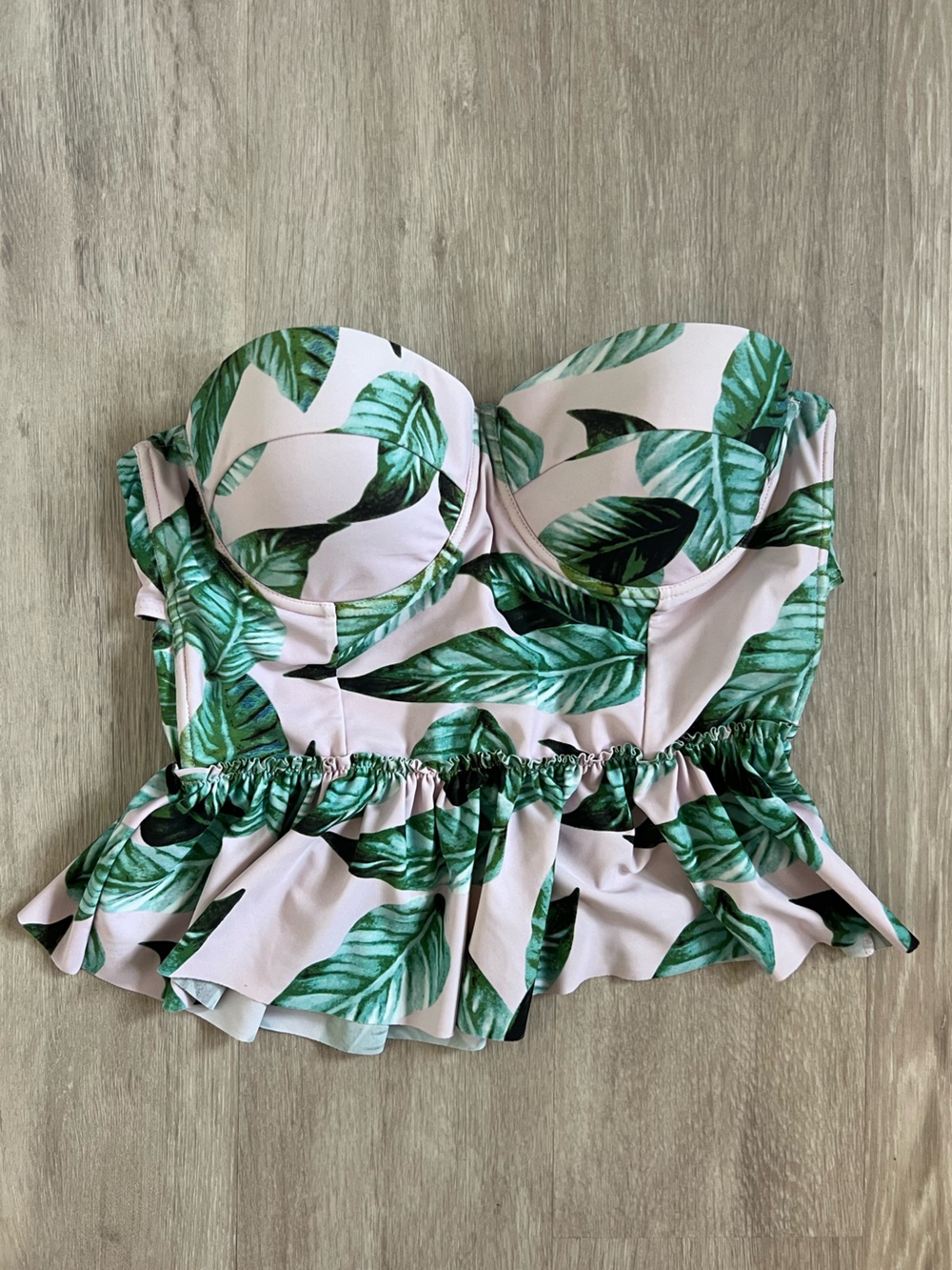COCOSHIP Pink and Green Tropical Leaf Peplum Strapless Tank Swim Bikini Top 2XL